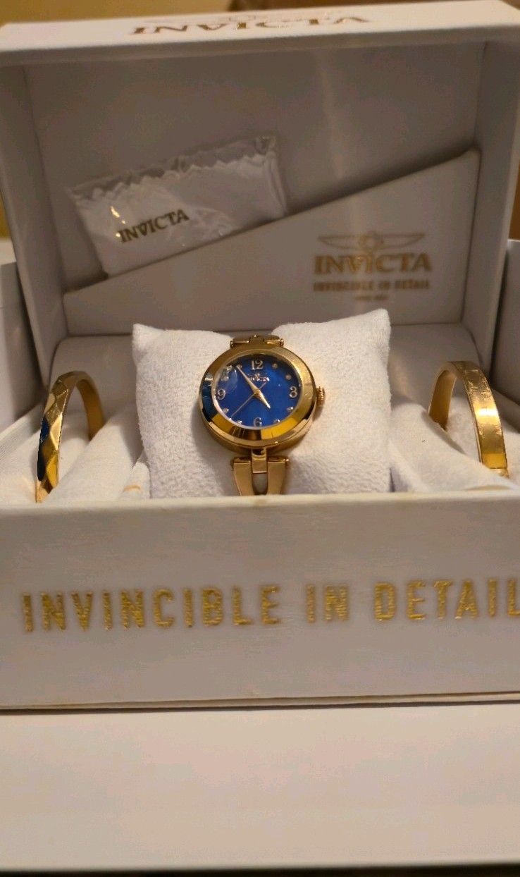 Invicta Women’s Quartz Wristwatch Blue Dial Gold Tone Metal Bangle w/ Box