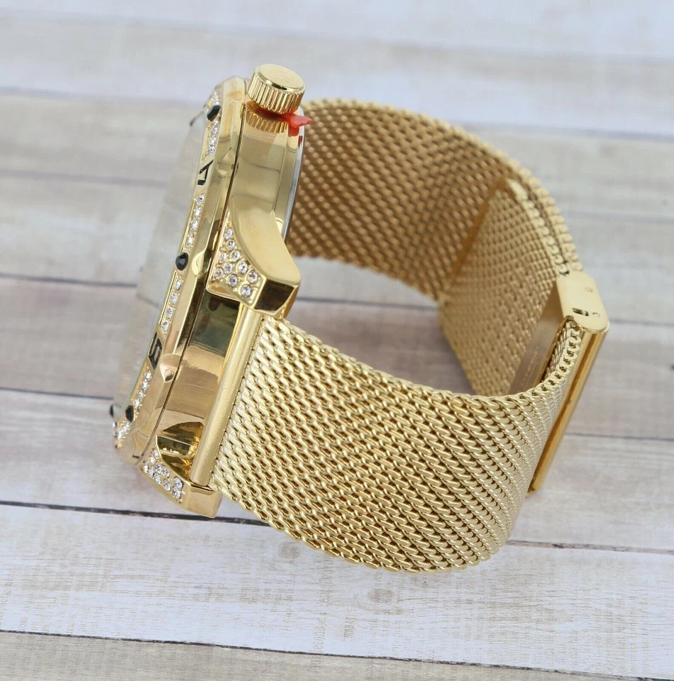Men’s Gold Finish CZ Ice Bezel & Dial Watch Stainless Still Mesh Band 54mm