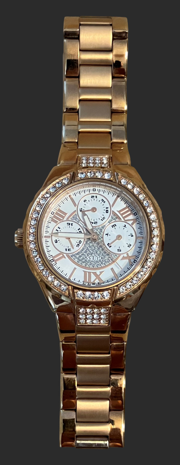 Guess U0111L3 Rose Gold Crystal Watch For Women Multifunction New Battery