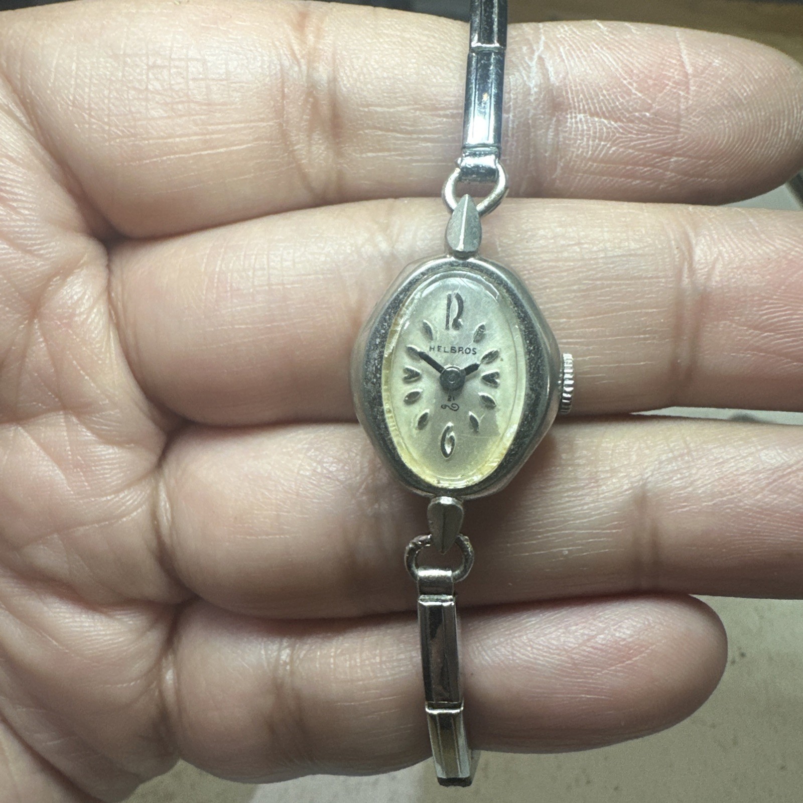 Working Vintage HELBROS Silver 21 jewels Manual Wind Ladies Watch 17mm Fit 6.5”