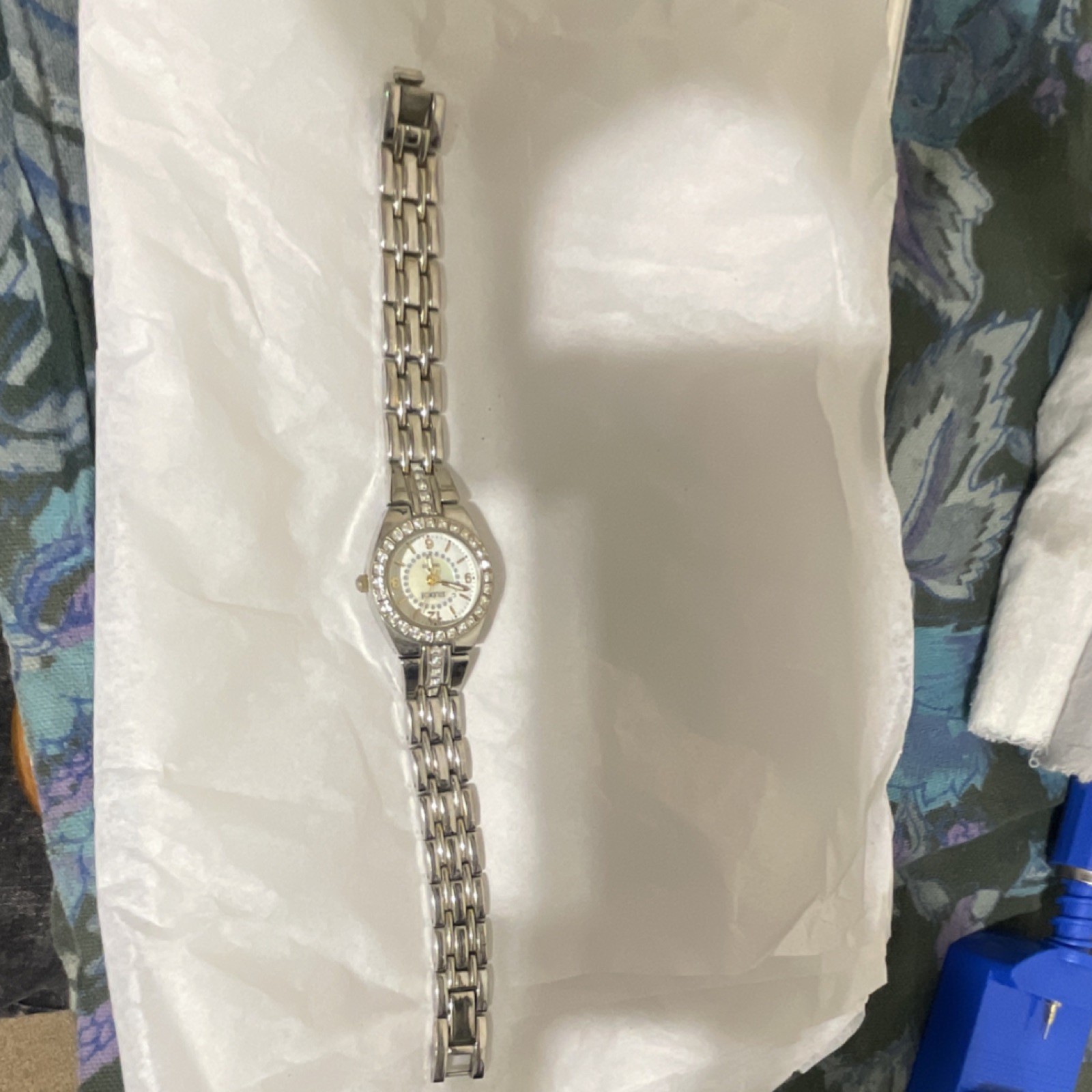 Studio Women’s Silver Gem-Set Bezel Analog Dress Metal Bracelet Wristwatch