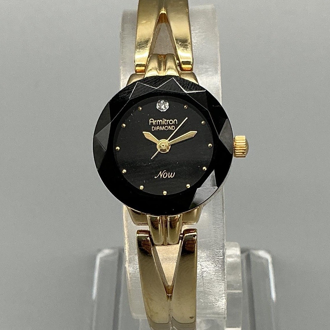 Armitron Now Womens Watch 19mm Black Gold Tone Diamond 75/2966 New Battery 6.5″