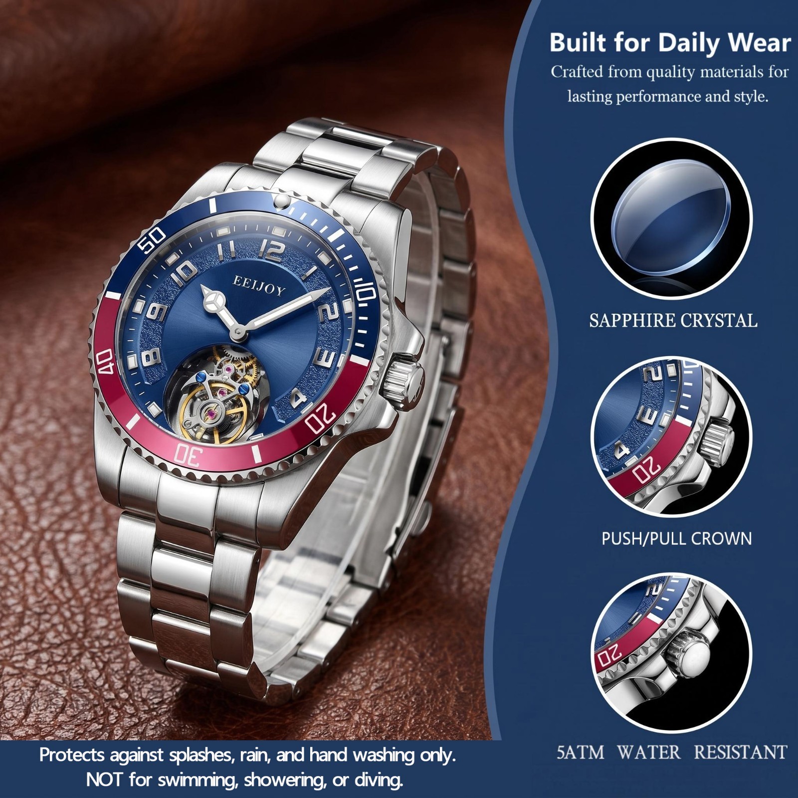 Men’s Genuine Flying Tourbillon Watch, Manual Winding Only, 42mm 316L Steel