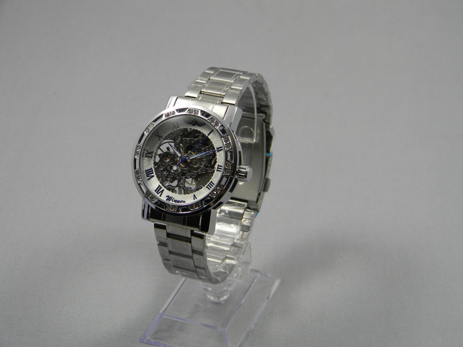 T-Winner Skeleton Watch Men 40mm Glass Mechanical Manual Wind White/Silver 8.25″