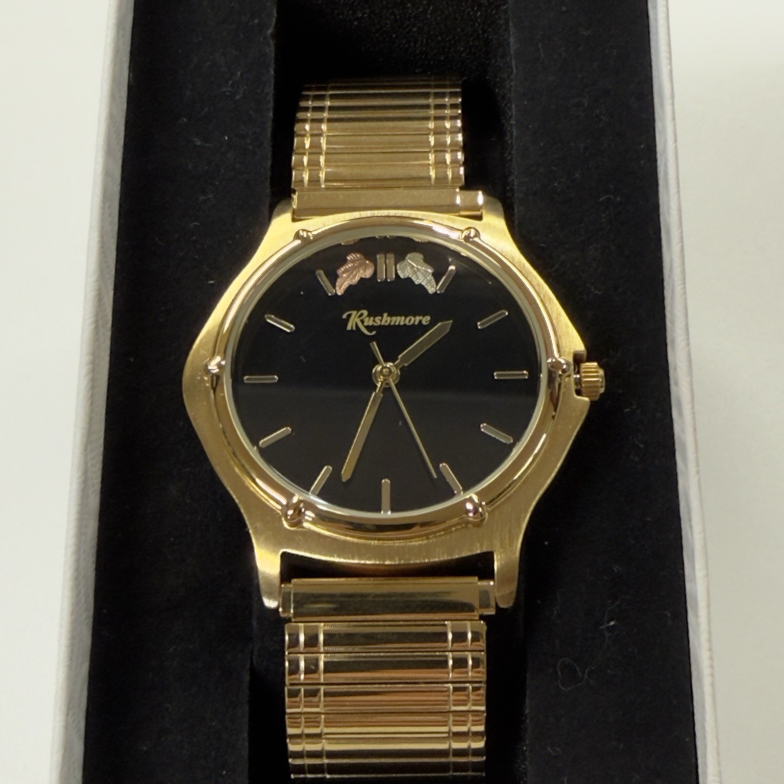 Mt. Rushmore Black Hills Gold Watch Black Dial 12K Gold Leaf Expansion Band NIB