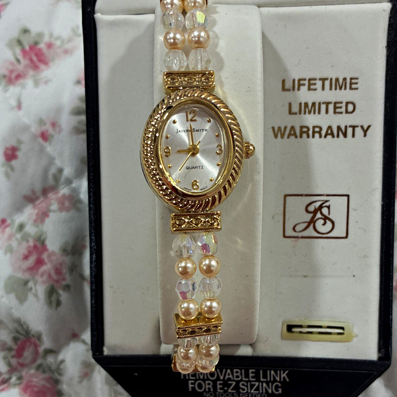 Jaclyn Smith Women’s Quartz Oval Gold Tone Beaded Bracelet Watch NEEDS BATTERY