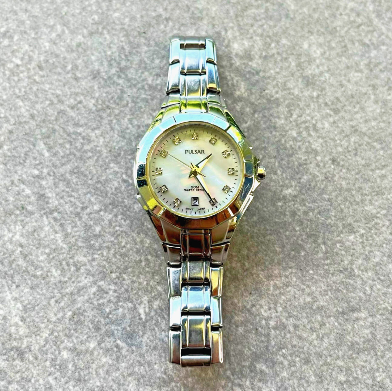 Pulsar Women’s Quartz Analog Watch Silver Stainless Bracelet MOP Dial Date 50m