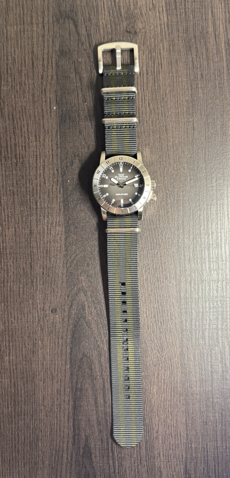 Glycine Airman Worldtimer Quartz Watch 42mm Swiss Made Black Dial GL1023