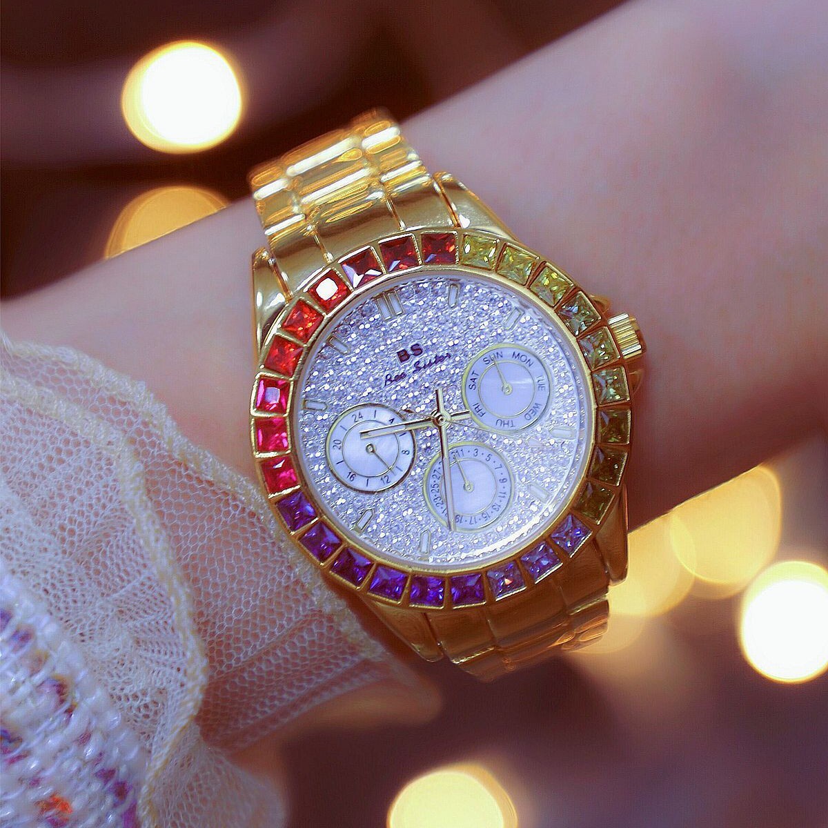 Rainbow Crystal Bezel Women Watch Gold Tone Colored Gems Women’s Wrist Watch