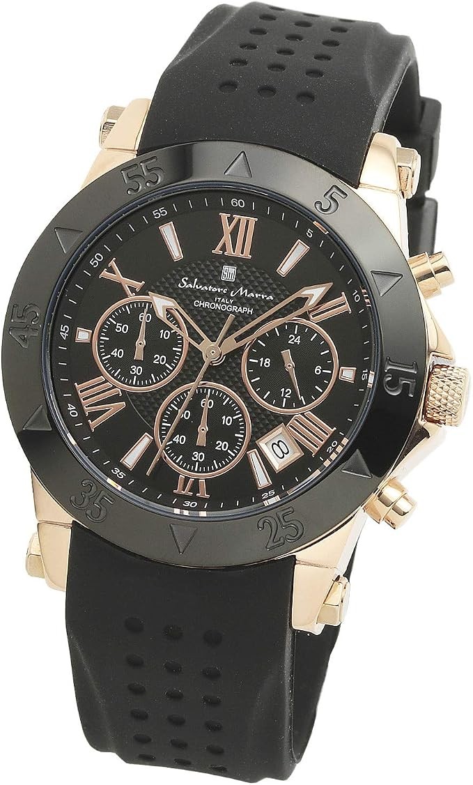Salvatore Marra SM16109 Mens Chrono Black Dial Black Silicone Pink Gold Lume JDM