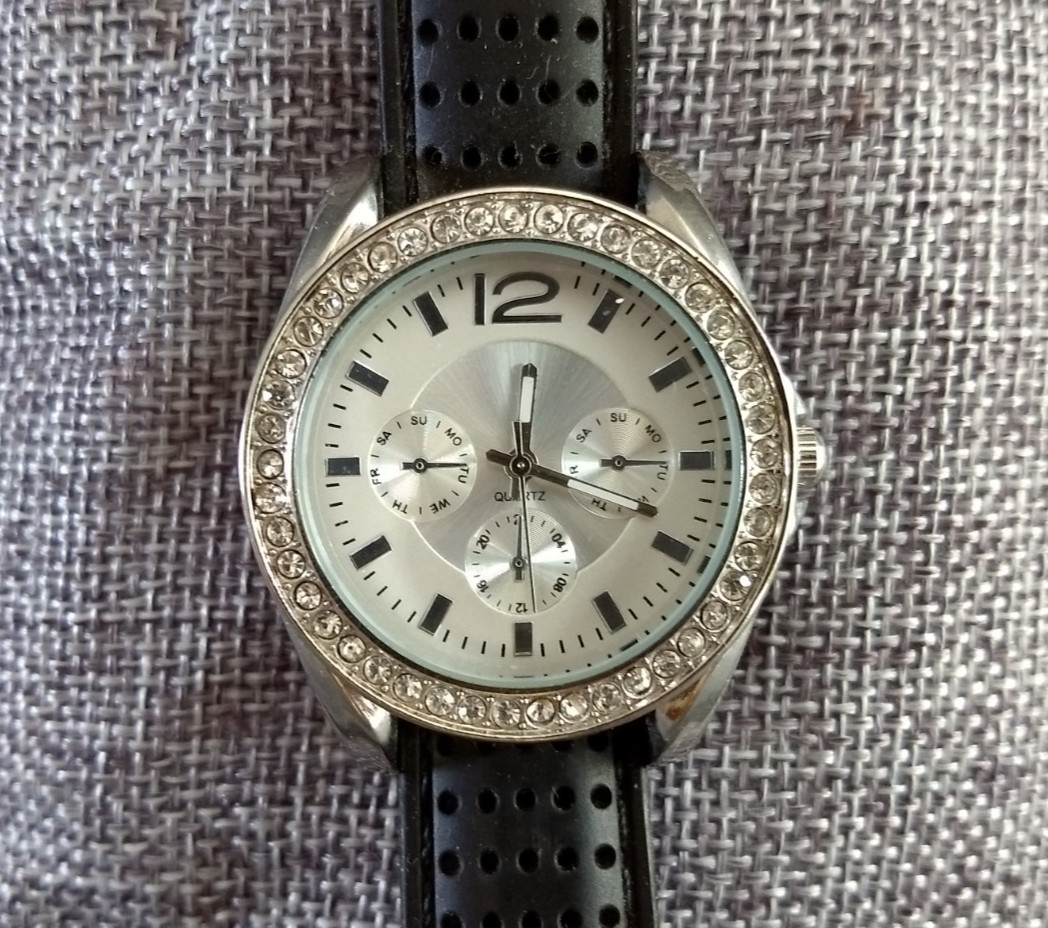 Accutime Embellished Bezel Watch Stainless Steel Case 3 SubDials Black Strap NEW