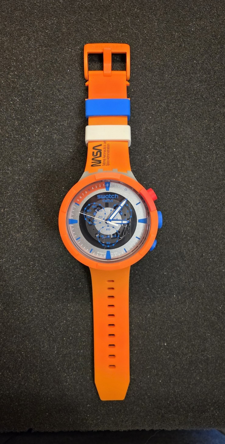 Swatch NASA Launch Chronograph Quartz Wristwatch 47mm Orange, Blue/White Strap