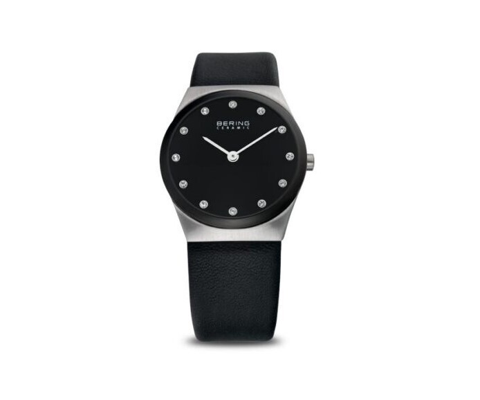 Bering Crystal Hour Markers Ceramic Bezel Black Leather Women’s Watch 32230-448