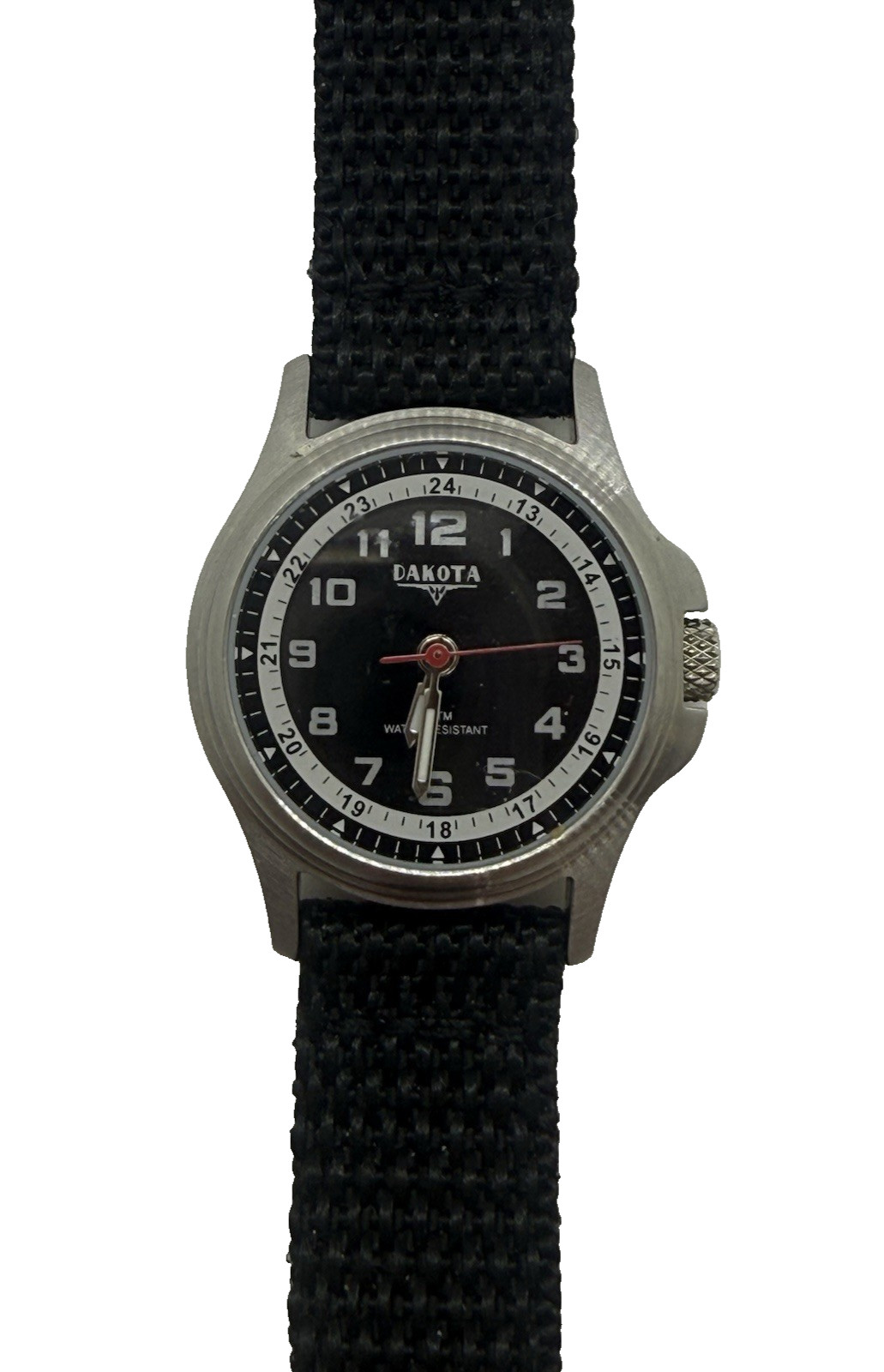 Dakota Round Stainless Steel Watch Canvas Black Band Mineral Glass Crystal 3 ATM