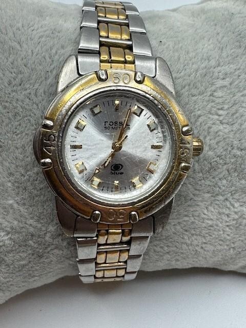 Vintage Ladies Fossil Blue AM-3095 Two Tone Quartz Watch New Battery