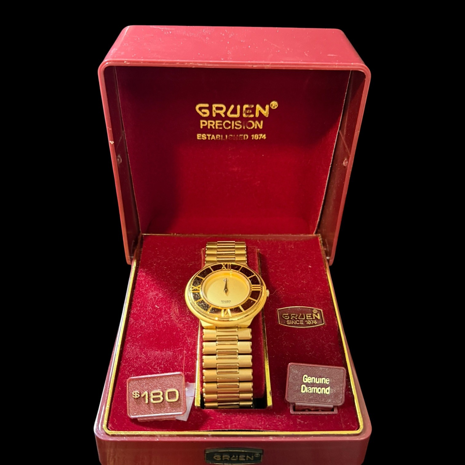 Vintage Gruen Quartz Precision Gold Tone Roman Numeral Watch with Diamond & Box