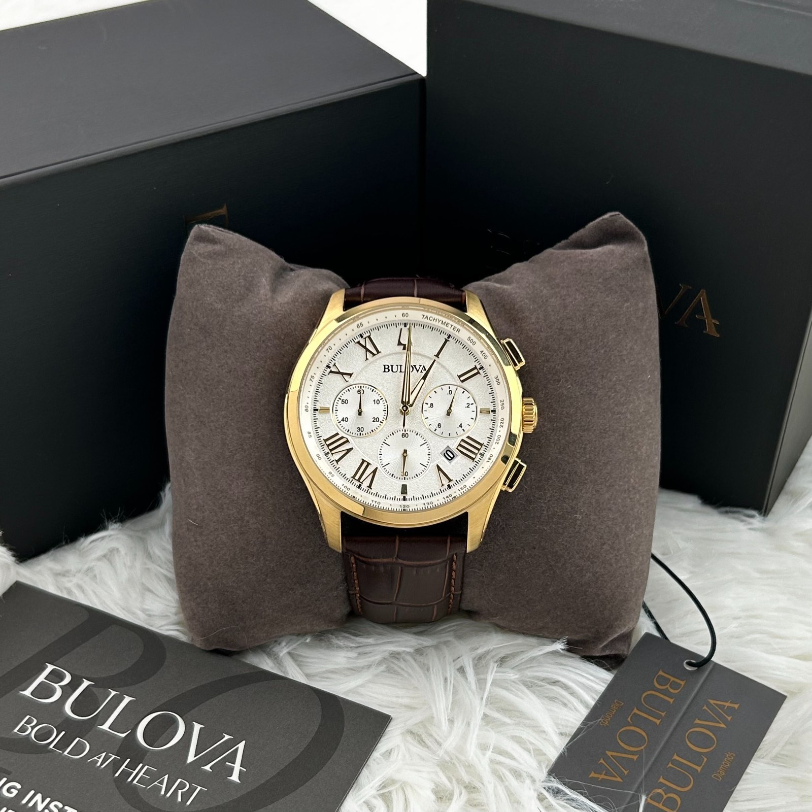 Bulova 97B169 Wilton Chronograph Gold Tone Brown Leather Men’s Watch 46.5mm
