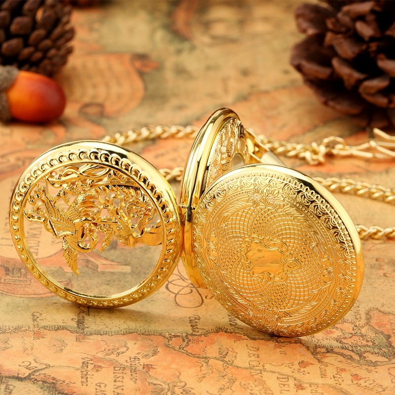 Bronze/Gold Mechanical Skeleton Pocket Watch Roman Numerals Dial with Chain Gift