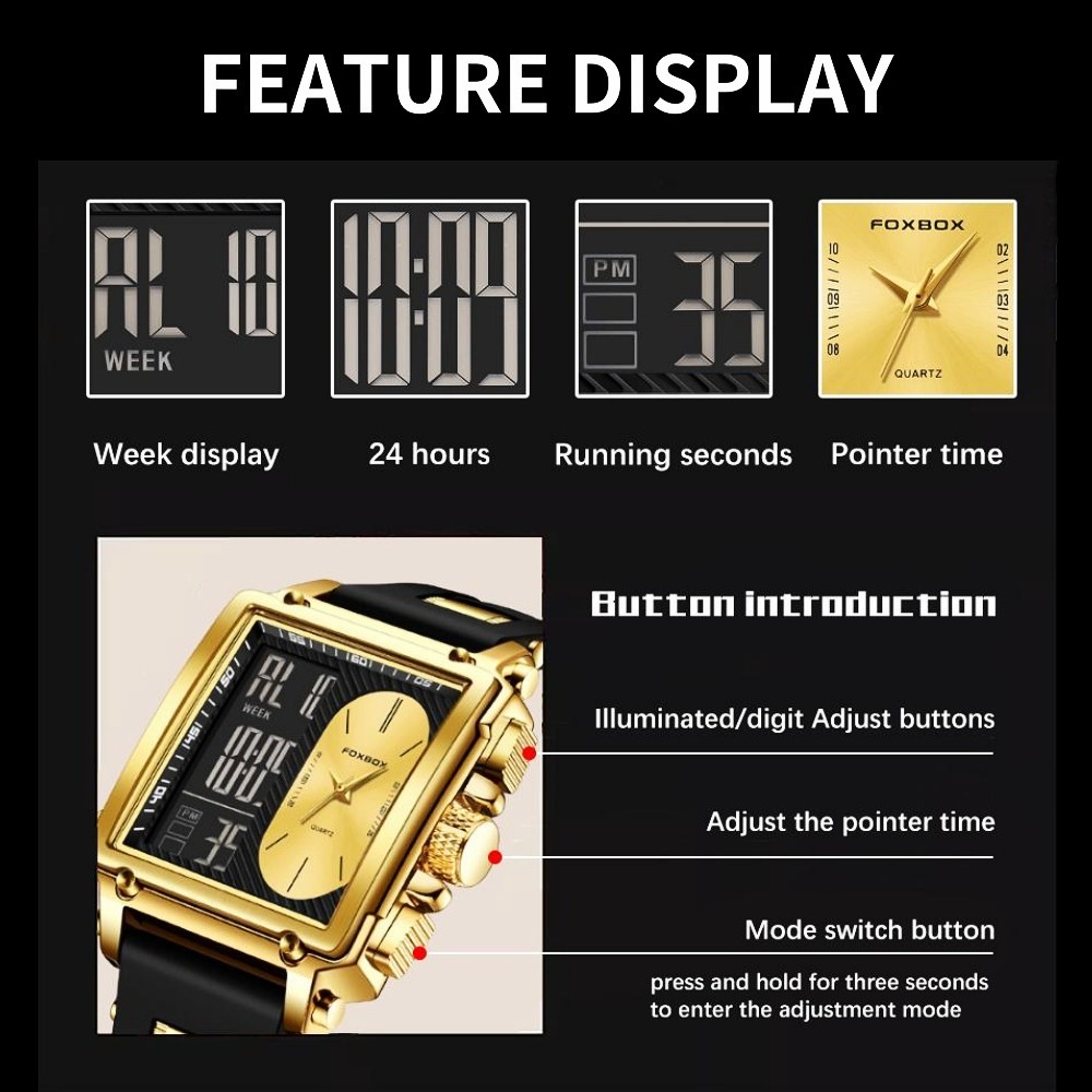 Luxury Men’s Watch Quartz LED Digital Week 3ATM Waterproof Sport Boys Wristwatch