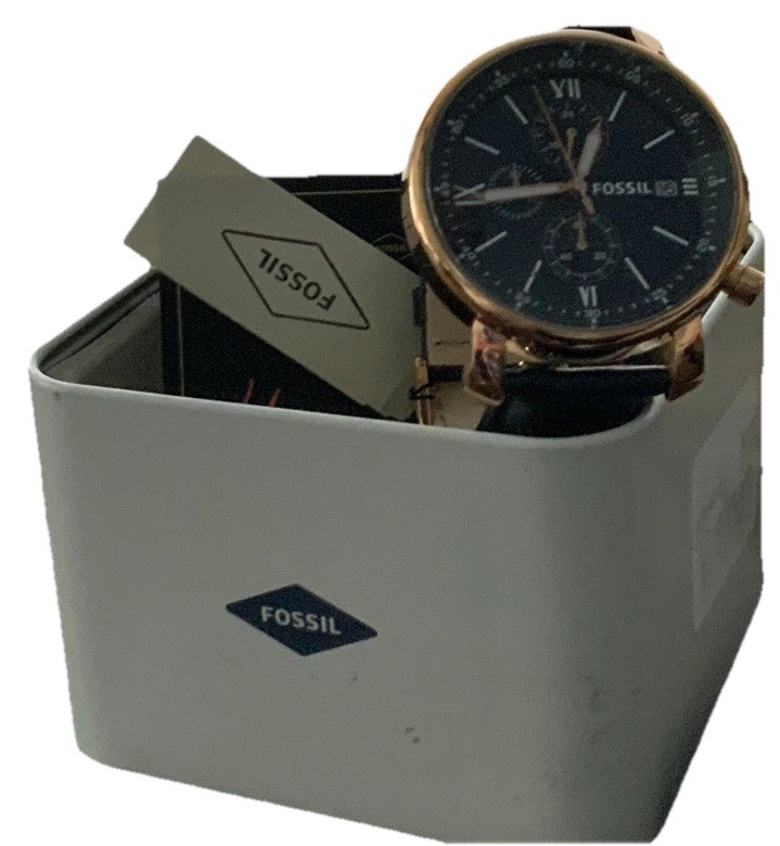 Fossil Mens Quartz Chronograph Date Watch Black Dial Gold Case Black Leather