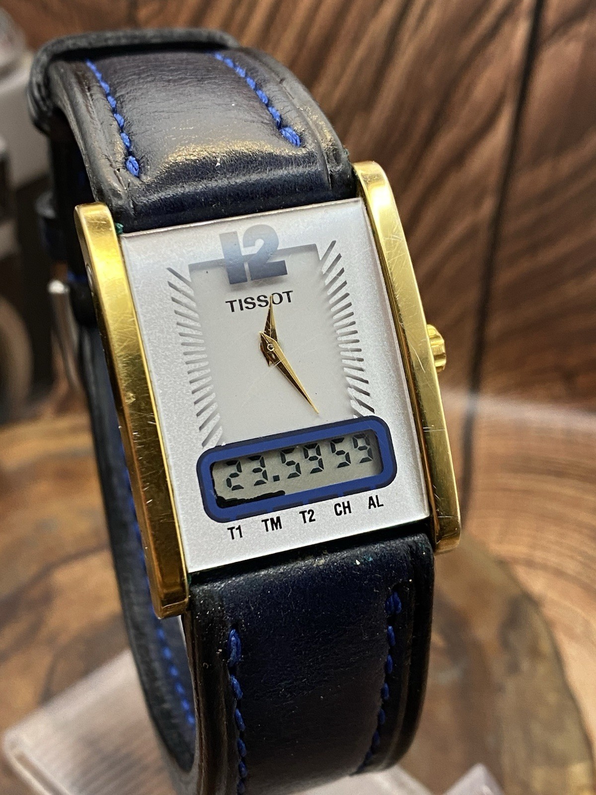 VINTAGE TISSOT TWO TIMER D377 GOLD MENS WATCH SQUARE MULTIFUNCTION #9537