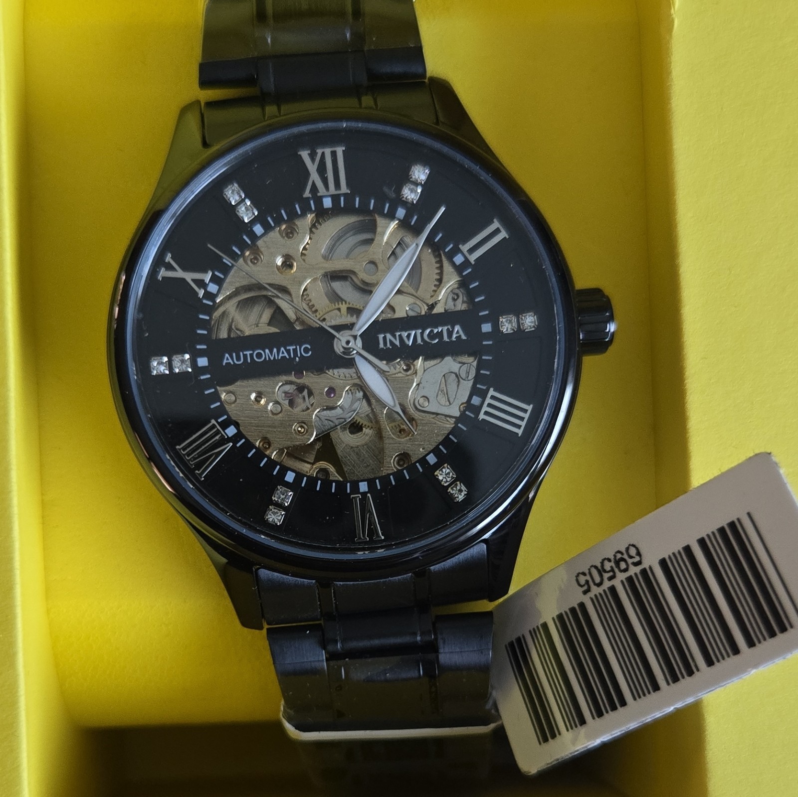 Invicta 69505 Men’s Automatic Skeleton 45mm Black Steel Watch 30m Box