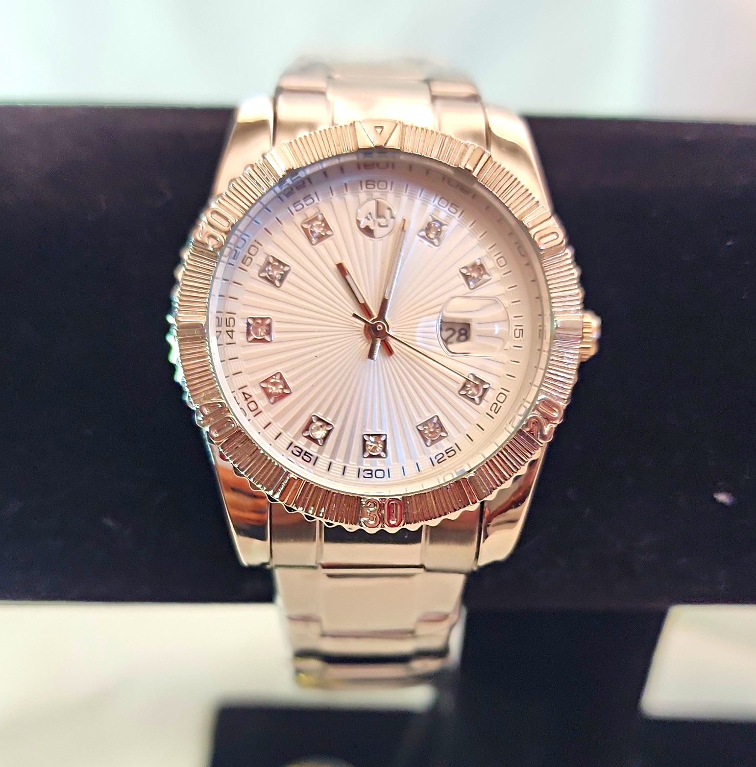 A|J Unisex Stainless Steel Quartz Watch, Silver Sunburst Dial, Date 45mm