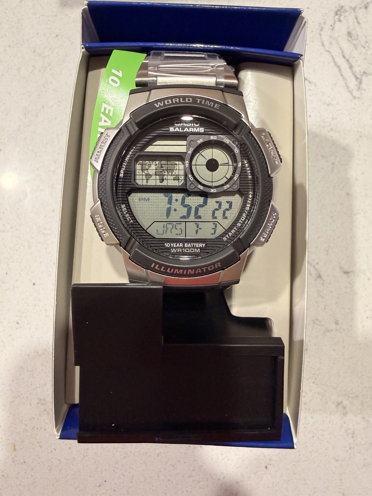 Casio World Time Digital Quartz WR100m Silver SS Bracelet Alarm Illuminator