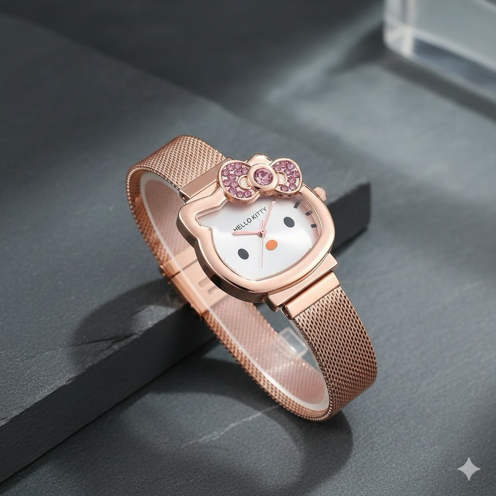 Hello Kitty Diamond Watch Kids Girls Teen Ladies Magnetic Strap Pink Gold Silver