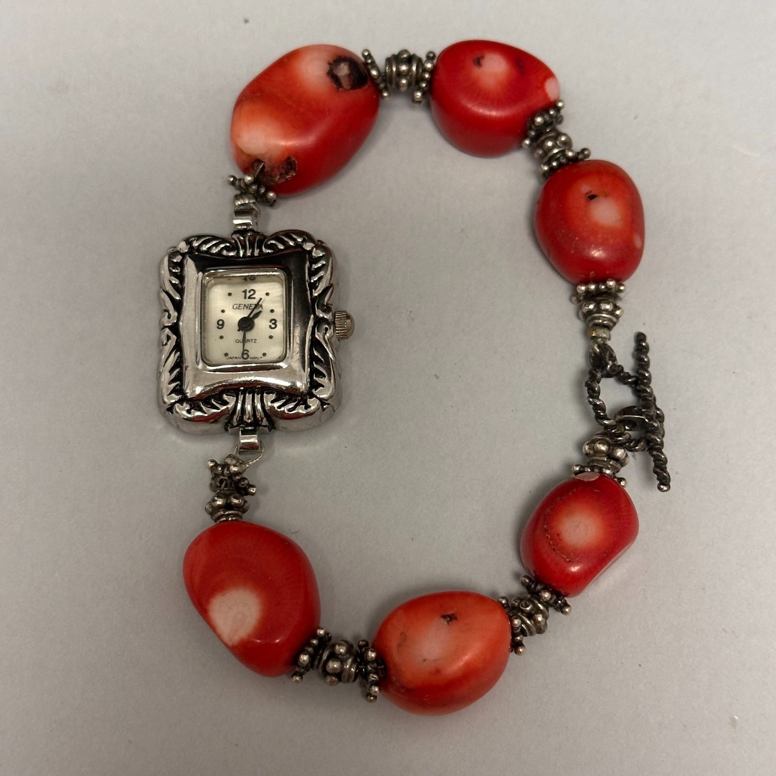 Geneva Watch Women Silver Tone Red Chunky Coral Beads Sterling Clasp Works