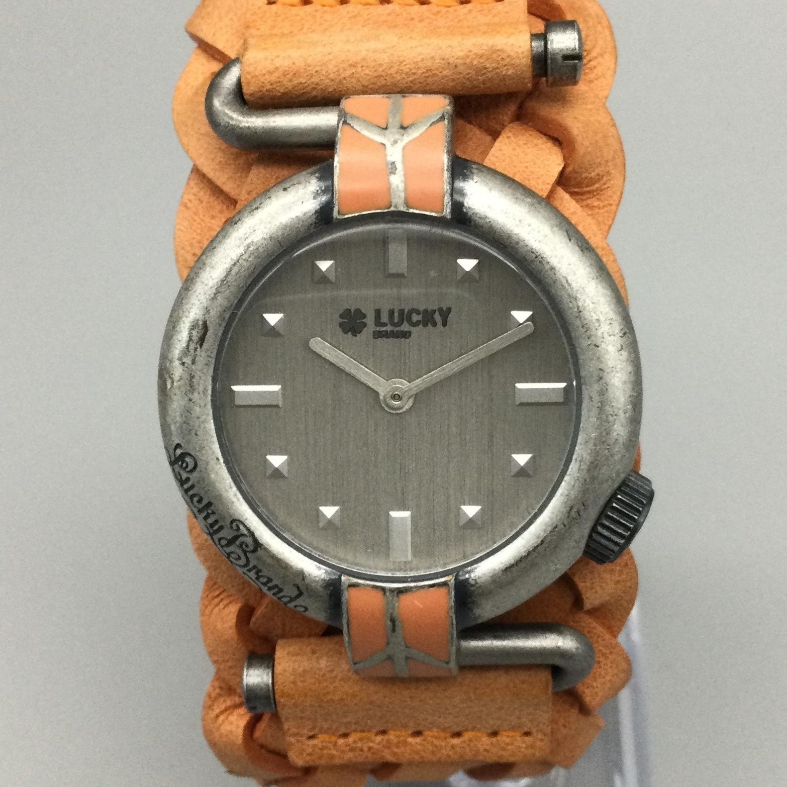 Lucky Brand Womens Watch 34mm Silver Dial Tan Braided Leather Cuff New Battery