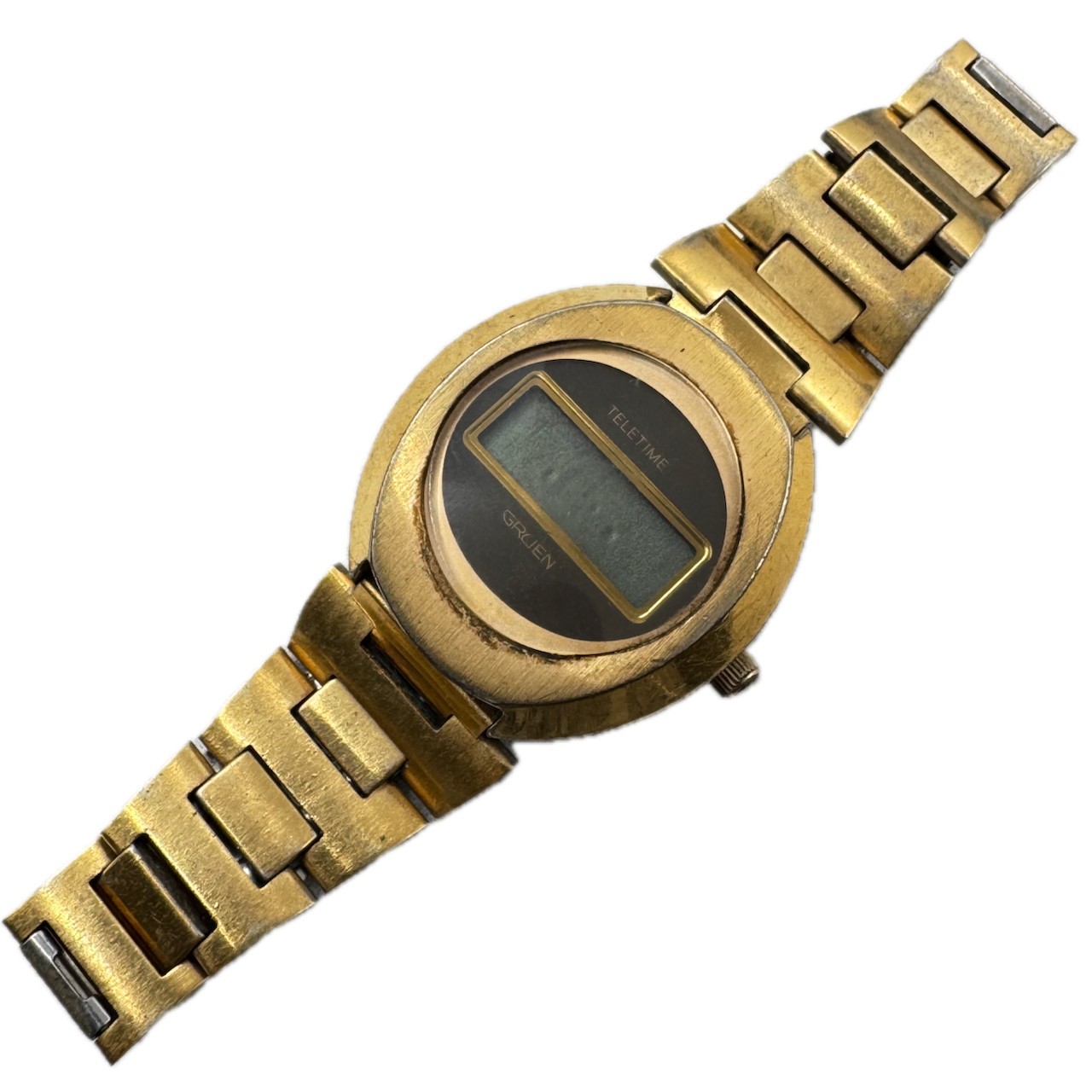 Vintage Gruen Teletime Egg Case Men’s Digital LED Wristwatch USA Gold Tone
