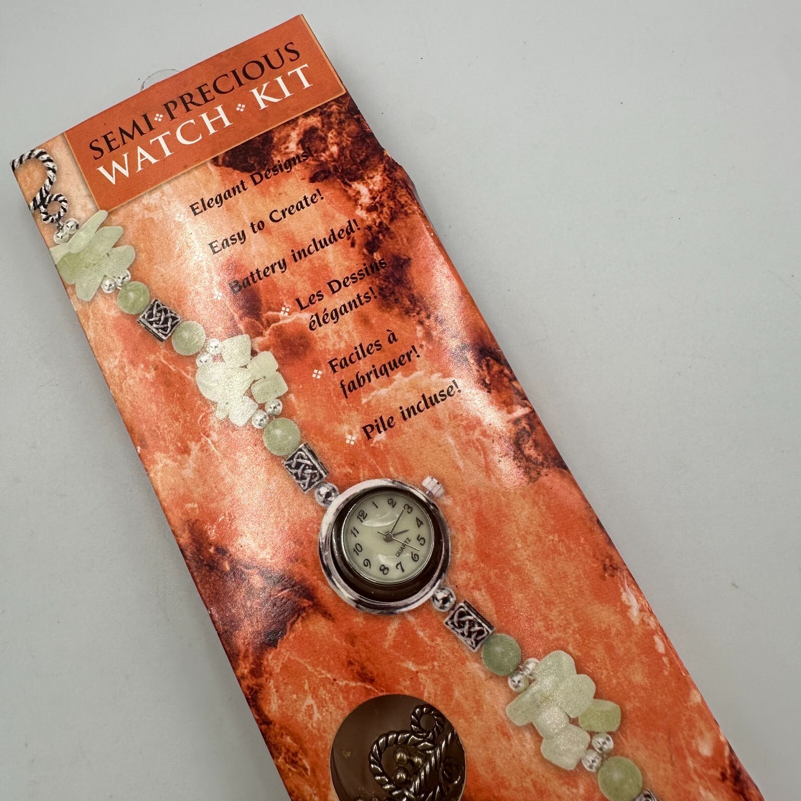 Watch Kit Women Silver Tone Green Jade Beaded Band Semi Precious New Battery