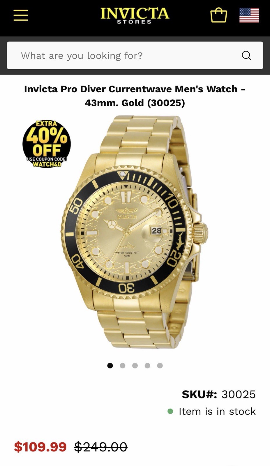 Invicta Pro Diver Currentwave Men’s Quartz Date 100m 43mm Gold Black Bezel