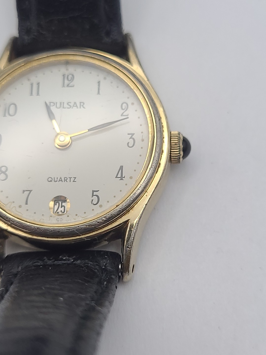 Vintage Pulsar Watch Women Gold Tone Date V248-0010 Leather Band New Battery