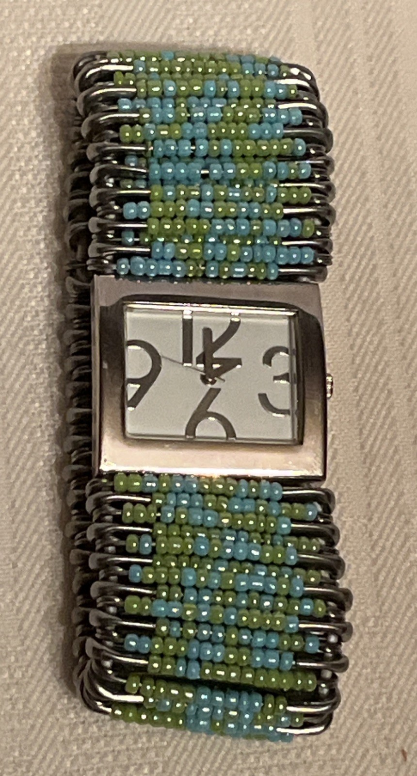 Colorful Safety Pin Watch Bracelet Silvertone Stretch Multicolor Beads