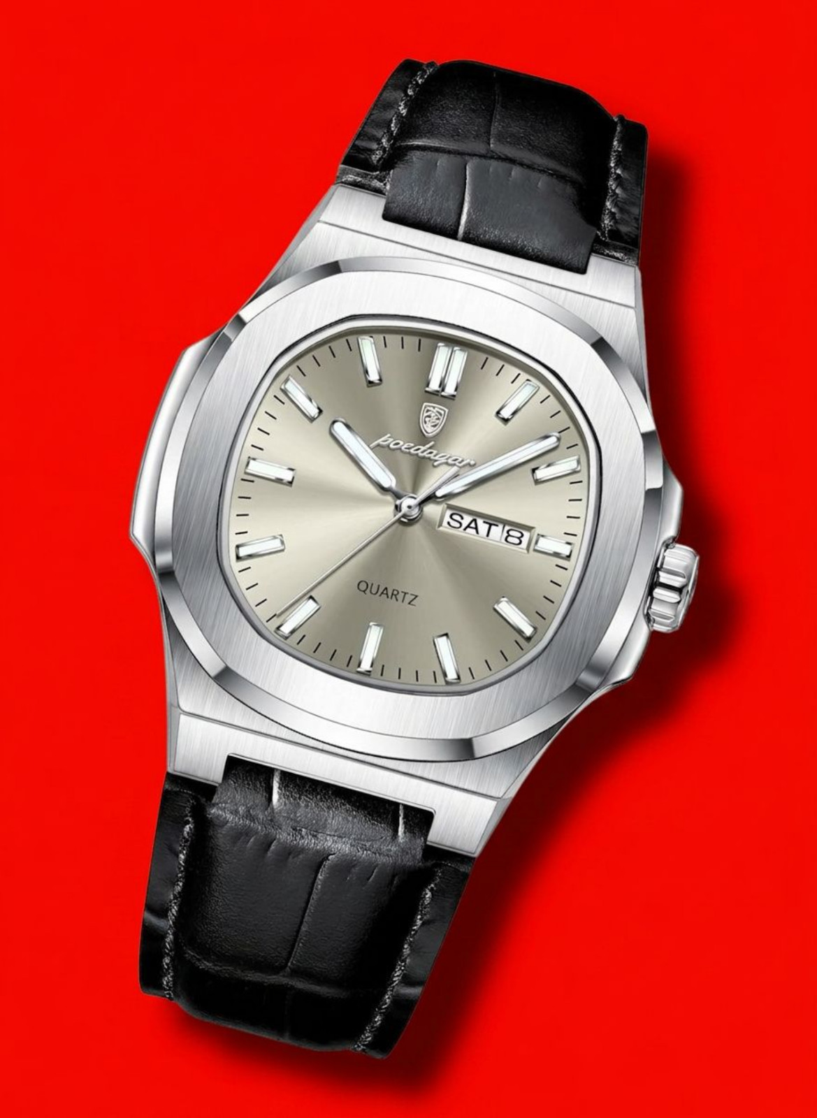 Luxury Men’s Quartz Silver Dial Watch Date Luminous Black Leather Strap Poedagar