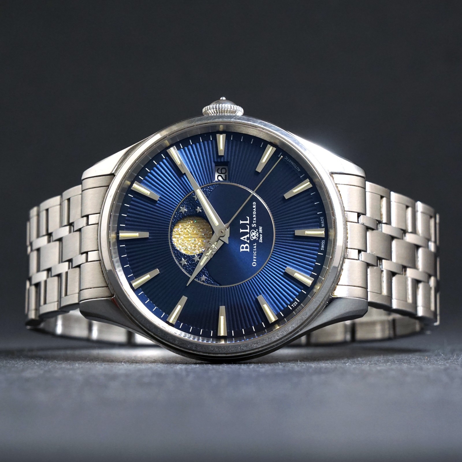 Ball Trainmaster Moon Phase Stainless Steel Blue Dial Watch, Box & Papers