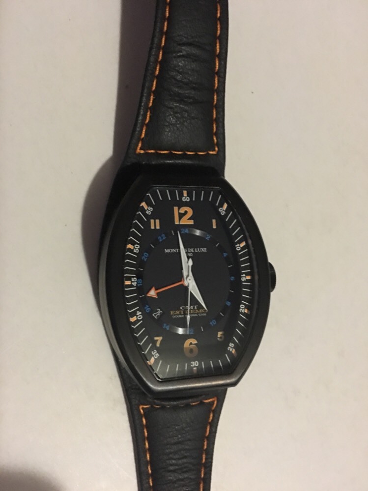 Montres De Luxe Mens GMT Estremo Black orange Tonneau Leather Watch NEW