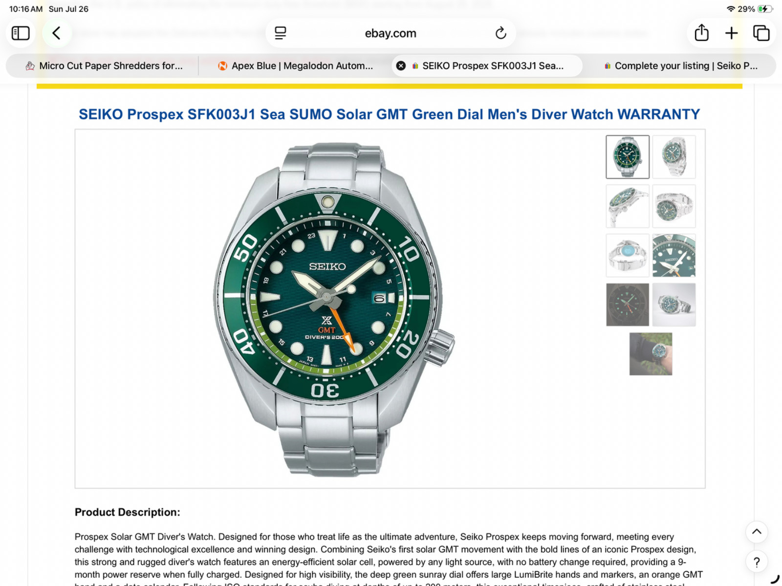 Seiko Prospex Sea Diver’s Sumo Solar GMT Green Men’s Watch – SFK003