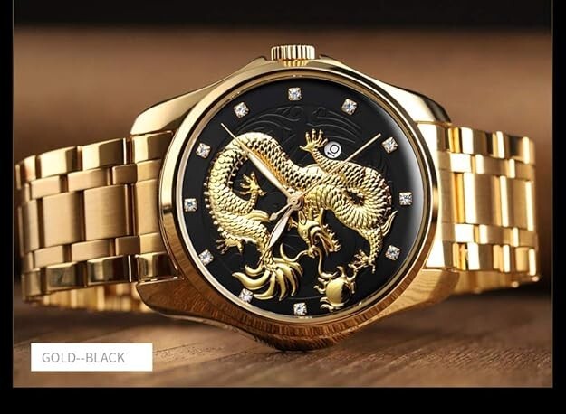Men Luxury Gold Chinese Dragon Carved Dial Diamond Quartz Watch Casual Waterproo