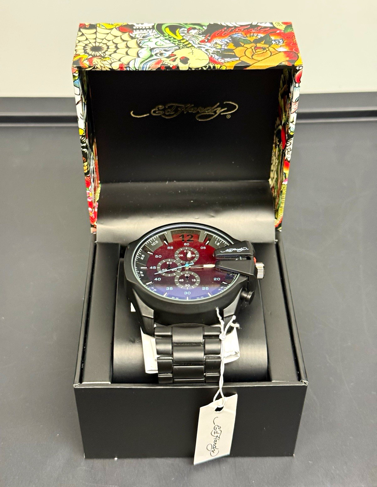 Ed Hardy Chronograph Quartz Analog Watch Black SS Bracelet Red/Black Dial Box