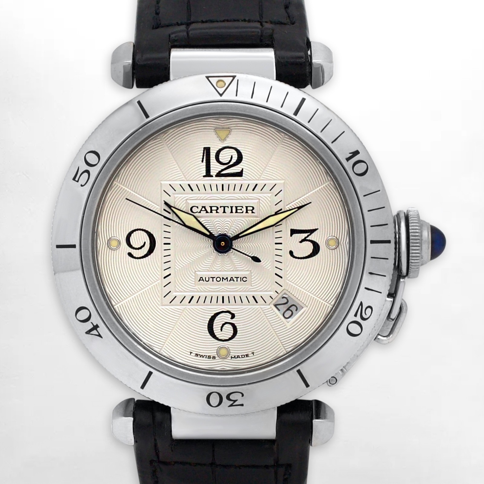 Cartier Pasha 38mm Automatic 2378 White Dial Date Steel Bezel Black Leather Band