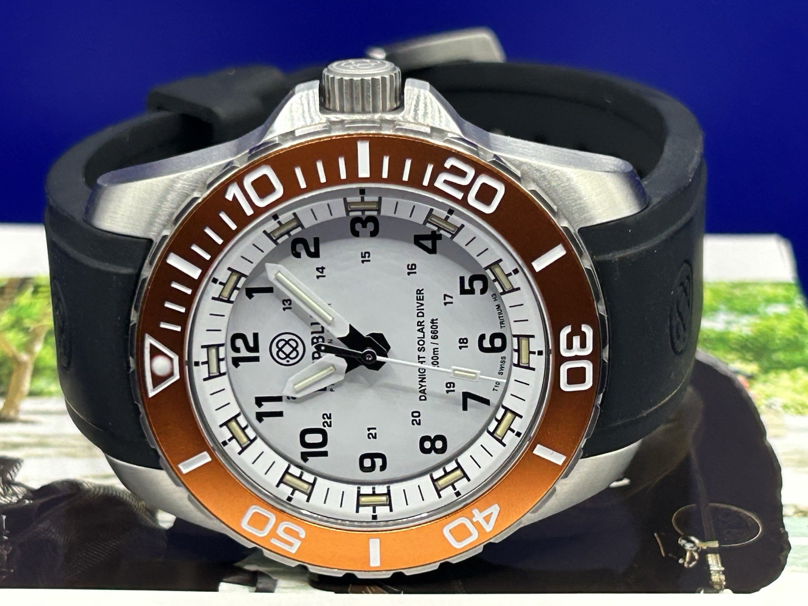DEEP BLUE DAYNIGHT 43MM DIVER SOLAR TRITIUM WATCH – ORANGE BEZEL WHITE DIAL