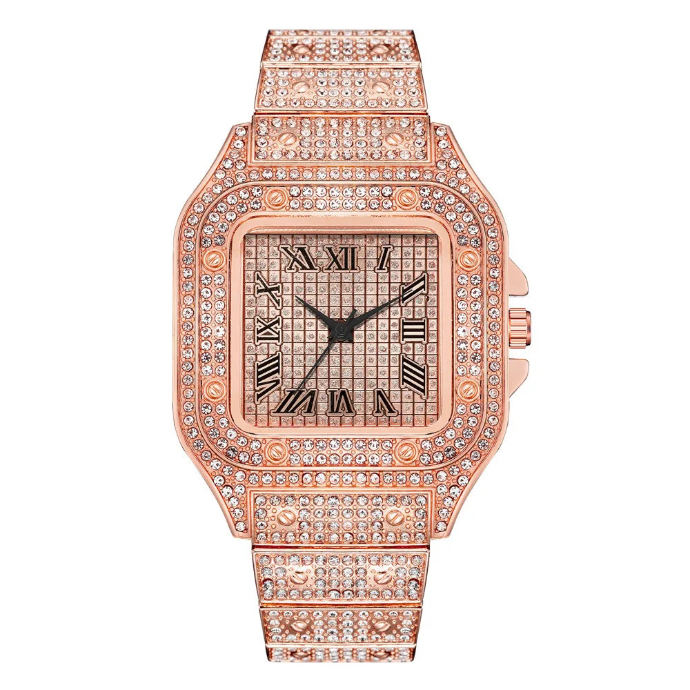 Classic Luxury Business Men’s Steel Strap Square Roman Scale Rhinestone