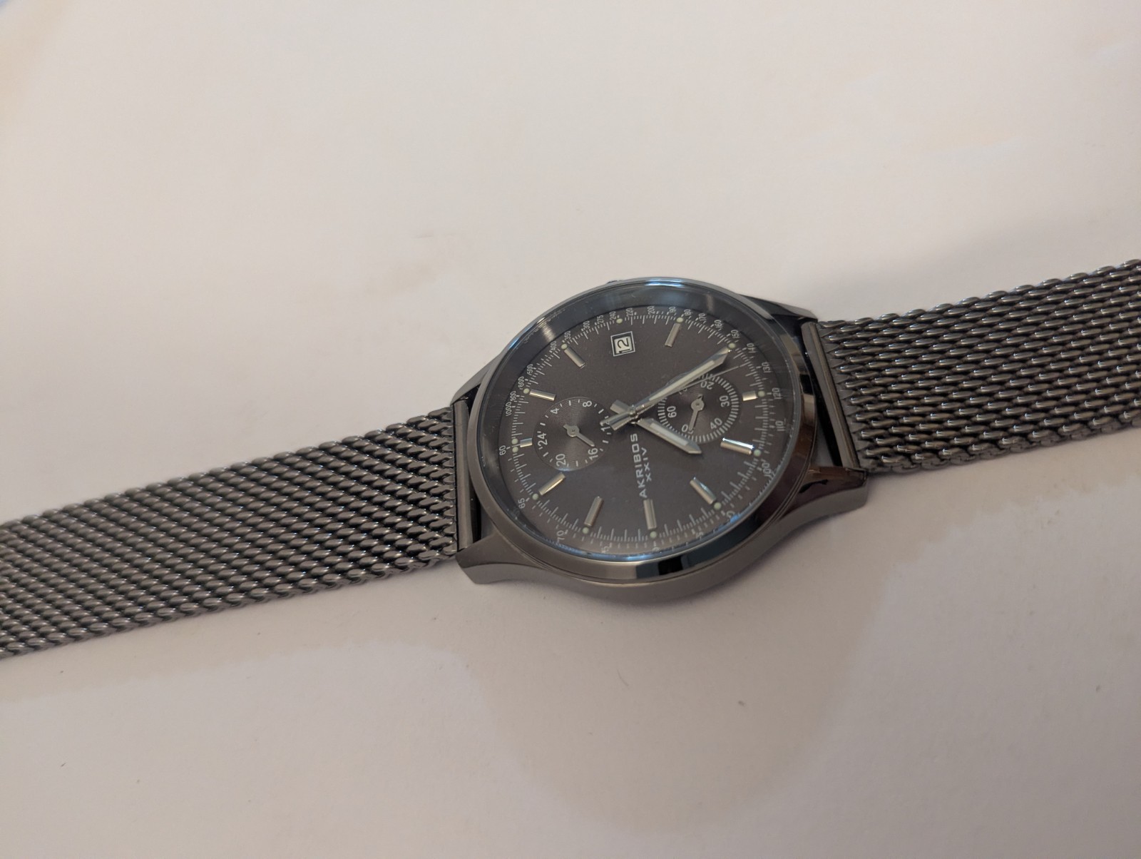 Men’s Akribos XXIV Multifunction dual time zone Gunmetal Mesh Watch