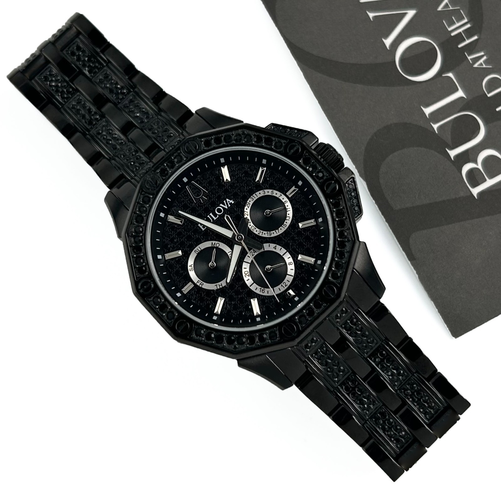 Bulova Octova Crystal 98c134 Mens Quartz Black Stainless Steel Gemmed Dial 41mm