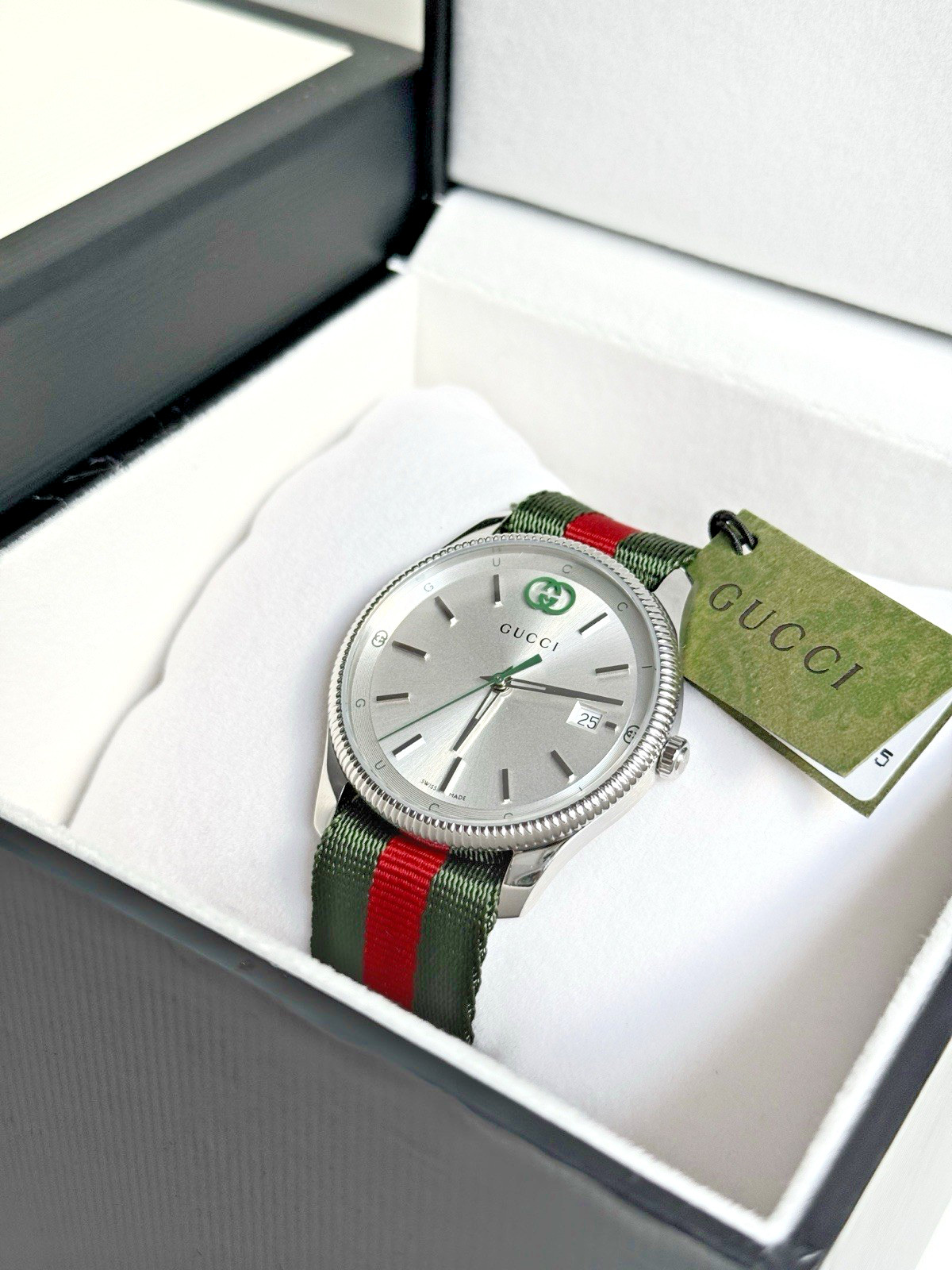 Gucci G-Timeless Silver Dial Green and Red Nylon Strap Watch 38mm YA1264236