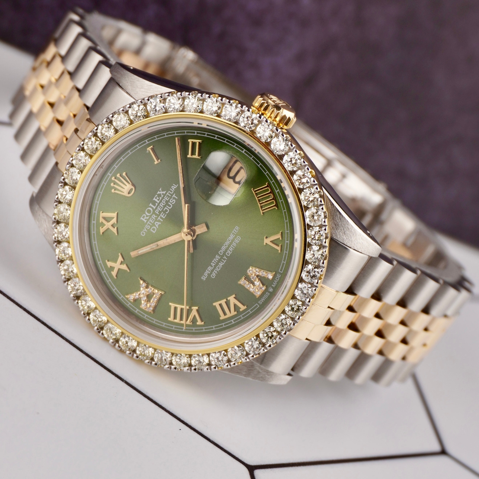 Rolex Men’s Datejust 36mm YG & Steel ICED 2.25ct Diamonds Green Roman Dial Watch