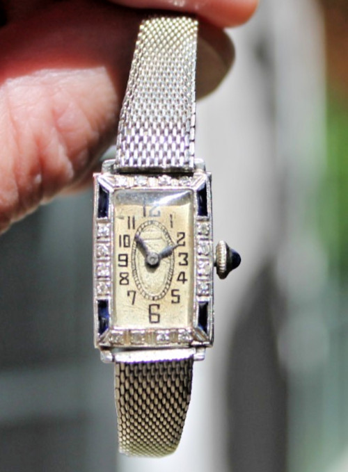 Antique 1920s Art Deco Platinum Diamond Sapphire Helbros 17J Watch Needs Service